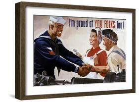 World War II Poster of a Sailor Shaking Hands with Factory Workers-null-Framed Art Print