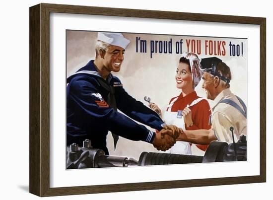 World War II Poster of a Sailor Shaking Hands with Factory Workers-null-Framed Premium Giclee Print