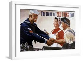 World War II Poster of a Sailor Shaking Hands with Factory Workers-null-Framed Premium Giclee Print