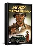 World War II Propaganda Poster of a Soldier Overlooking a Man at the Gas Pump-null-Framed Stretched Canvas