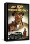 World War II Propaganda Poster of a Soldier Overlooking a Man at the Gas Pump-null-Framed Stretched Canvas