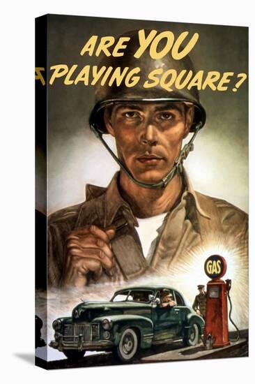 World War II Propaganda Poster of a Soldier Overlooking a Man at the Gas Pump-null-Stretched Canvas