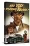 World War II Propaganda Poster of a Soldier Overlooking a Man at the Gas Pump-null-Stretched Canvas