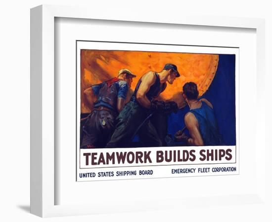 World War II Propaganda Poster of a Team of Men Riveting the Hull of a Ship-null-Framed Art Print