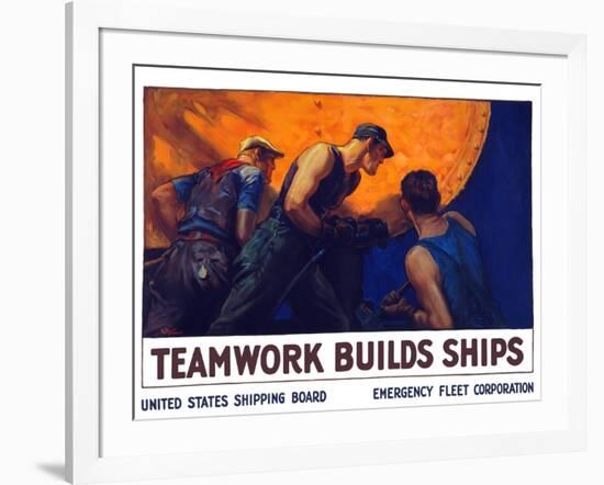 World War II Propaganda Poster of a Team of Men Riveting the Hull of a Ship-null-Framed Art Print