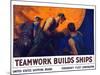 World War II Propaganda Poster of a Team of Men Riveting the Hull of a Ship-null-Mounted Art Print