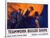 World War II Propaganda Poster of a Team of Men Riveting the Hull of a Ship-null-Stretched Canvas