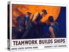World War II Propaganda Poster of a Team of Men Riveting the Hull of a Ship-null-Stretched Canvas