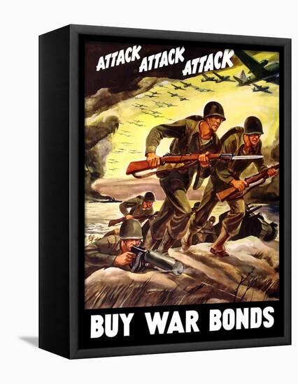 World War II Propaganda Poster of Soldiers Assaulting a Beach with Rifles-null-Framed Stretched Canvas