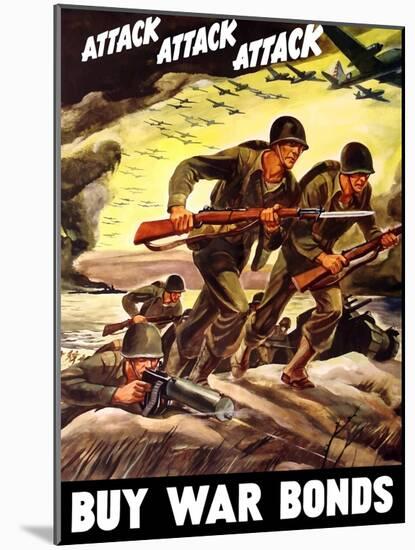 World War II Propaganda Poster of Soldiers Assaulting a Beach with Rifles-null-Mounted Art Print