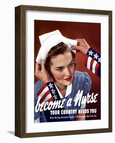 World War Two Poster of Uncle Sam Placing a Hat On a Smiling Nurse-Stocktrek Images-Framed Photographic Print