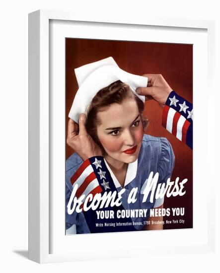 World War Two Poster of Uncle Sam Placing a Hat On a Smiling Nurse-Stocktrek Images-Framed Photographic Print