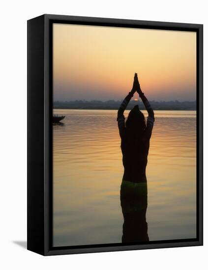 Worship Ceremony at Night by Ganges River, Varanasi, India-Keren Su-Framed Stretched Canvas