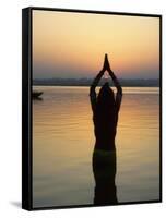 Worship Ceremony at Night by Ganges River, Varanasi, India-Keren Su-Framed Stretched Canvas