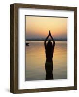 Worship Ceremony at Night by Ganges River, Varanasi, India-Keren Su-Framed Premium Photographic Print