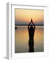 Worship Ceremony at Night by Ganges River, Varanasi, India-Keren Su-Framed Photographic Print