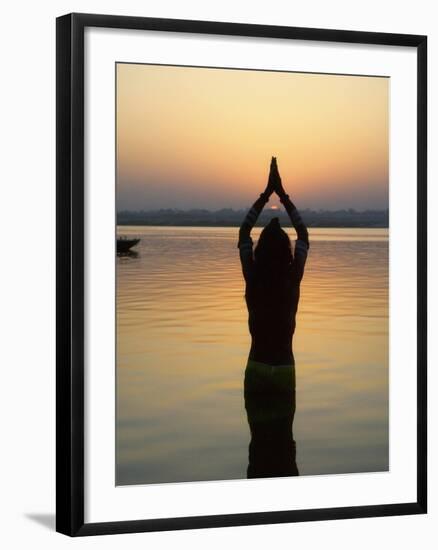 Worship Ceremony at Night by Ganges River, Varanasi, India-Keren Su-Framed Photographic Print