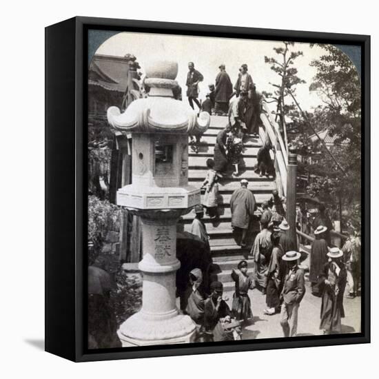 Worshippers Crossing the Semi-Circular Bridge to Kameido Temple Beyond, Looking North, Tokyo, Japan-Underwood & Underwood-Framed Stretched Canvas