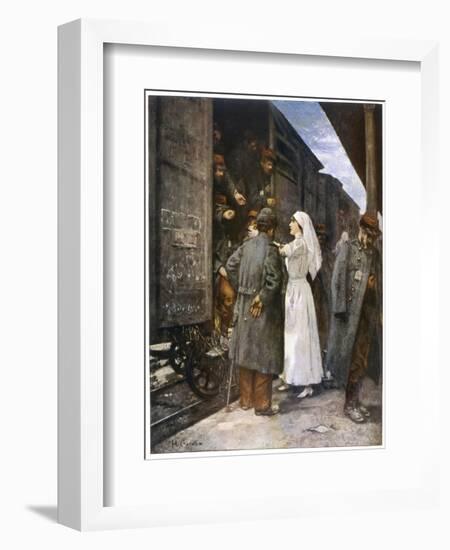 Wounded French Soldiers on an Ambulance Train are Tended by a Nurse During a Stop at a Station-Henri Gervex-Framed Art Print