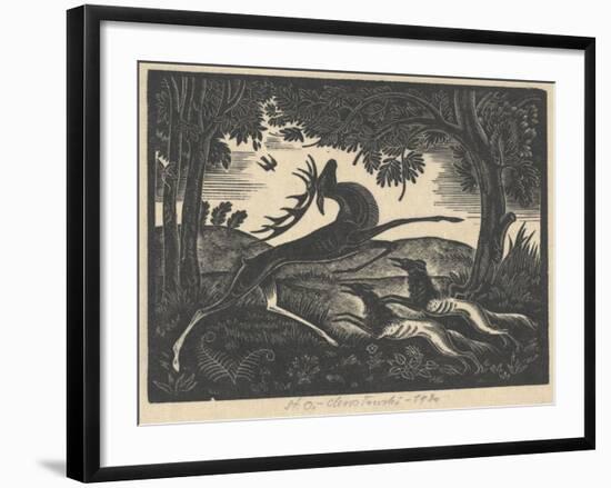 Wounded Stag, 1930 (Woodcut)-Stanislav Ostoja-Chrostovski-Framed Giclee Print