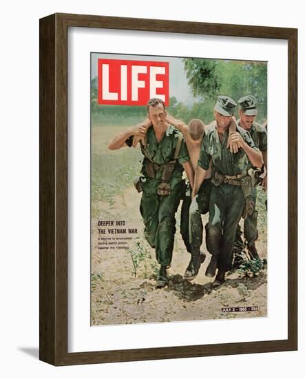 Wounded US Marine Helped to Safety by his Buddies During Fight with Viet Cong, July 2, 1965-Bill Eppridge-Framed Photographic Print