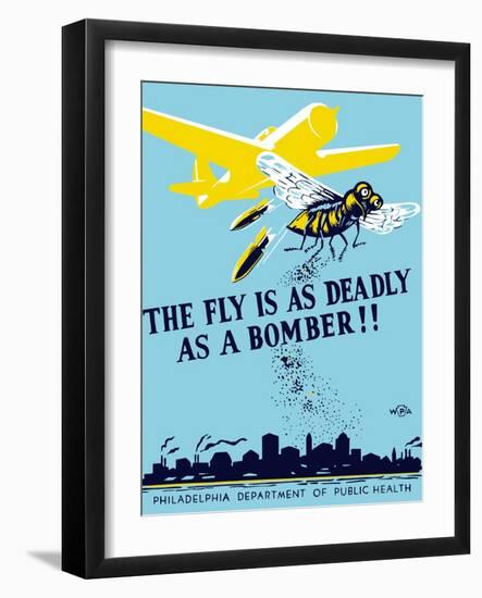 Wpa Propaganda Poster of a Bomber Plane and a Fly Dropping Germs-null-Framed Art Print