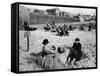 Wrapping Up Against the Cold on Blackpool Beach-Ian Smith-Framed Stretched Canvas
