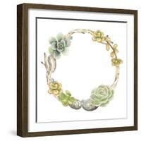 Wreath of Succulents, Twigs and Stones, Vector Watercolor Illustration in Vintage Style.-Nikiparonak-Framed Art Print