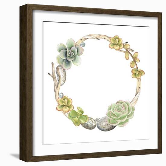 Wreath of Succulents, Twigs and Stones, Vector Watercolor Illustration in Vintage Style.-Nikiparonak-Framed Art Print