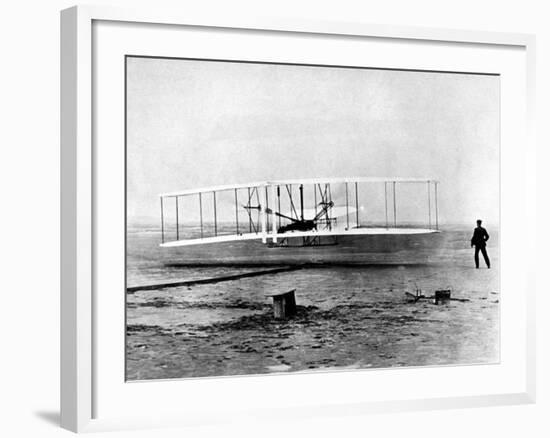 Wright Brothers Wilbur and Orville with 1903 Airplane "Kitty Hawk" on First Flight-null-Framed Premium Photographic Print