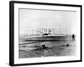 Wright Brothers Wilbur and Orville with 1903 Airplane "Kitty Hawk" on First Flight-null-Framed Premium Photographic Print