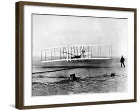 Wright Brothers Wilbur and Orville with 1903 Airplane "Kitty Hawk" on First Flight-null-Framed Premium Photographic Print