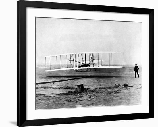 Wright Brothers Wilbur and Orville with 1903 Airplane "Kitty Hawk" on First Flight-null-Framed Premium Photographic Print