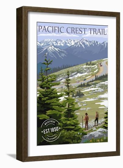 Wrightwood, California - Pacific Crest Trail and Hikers - Rubber Stamp-Lantern Press-Framed Art Print