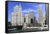 Wrigley Building and Tribune Tower, across Chicago River to N Michigan Ave, Chicago, Illinois, USA-Amanda Hall-Framed Stretched Canvas