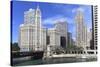 Wrigley Building and Tribune Tower, across Chicago River to N Michigan Ave, Chicago, Illinois, USA-Amanda Hall-Stretched Canvas