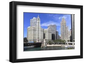 Wrigley Building and Tribune Tower, across Chicago River to N Michigan Ave, Chicago, Illinois, USA-Amanda Hall-Framed Photographic Print