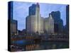 Wrigley Building, Center, North Michigan Avenue and Chicago River, Chicago, Illinois, USA-Amanda Hall-Stretched Canvas