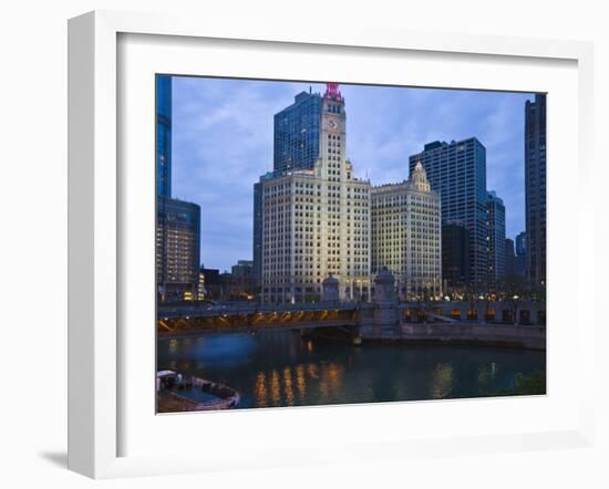 Wrigley Building, Center, North Michigan Avenue and Chicago River, Chicago, Illinois, USA-Amanda Hall-Framed Photographic Print