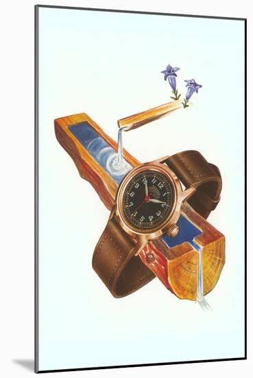 Wristwatch on Wooden Trough-null-Mounted Art Print