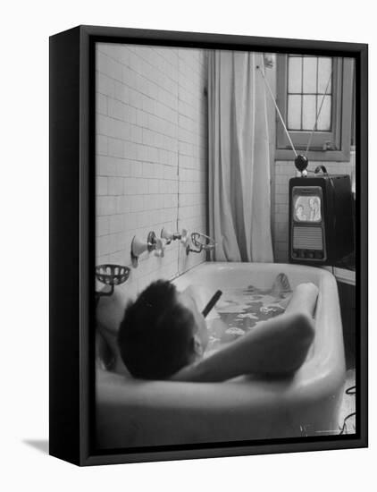 Writer Russell Finch Taking Portable Television Set to Bathroom During His Bath-George Skadding-Framed Stretched Canvas