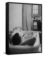 Writer Russell Finch Taking Portable Television Set to Bathroom During His Bath-George Skadding-Framed Stretched Canvas