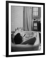 Writer Russell Finch Taking Portable Television Set to Bathroom During His Bath-George Skadding-Framed Photographic Print