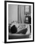 Writer Russell Finch Taking Portable Television Set to Bathroom During His Bath-George Skadding-Framed Photographic Print
