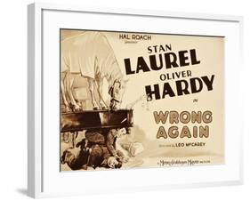 WRONG AGAIN, from top: Stan Laurel, Oliver Hardy on title lobbycard, 1929-null-Framed Art Print