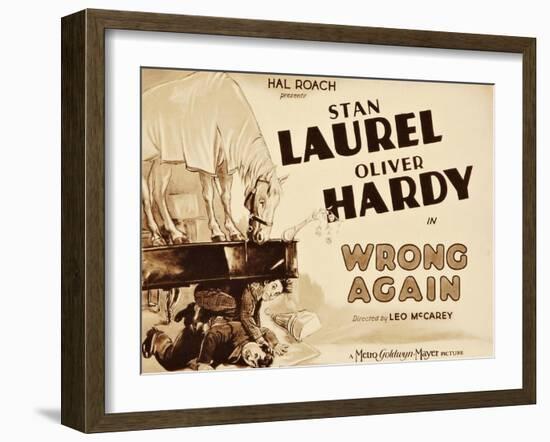 WRONG AGAIN, from top: Stan Laurel, Oliver Hardy on title lobbycard, 1929-null-Framed Art Print