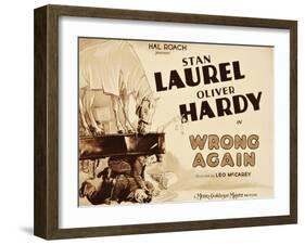 WRONG AGAIN, from top: Stan Laurel, Oliver Hardy on title lobbycard, 1929-null-Framed Art Print