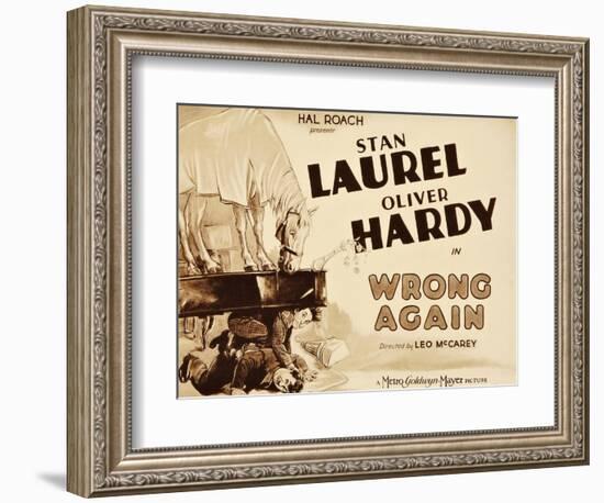 WRONG AGAIN, from top: Stan Laurel, Oliver Hardy on title lobbycard, 1929-null-Framed Art Print