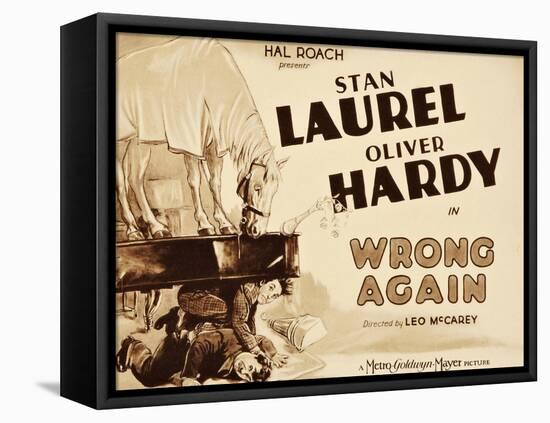 WRONG AGAIN, from top: Stan Laurel, Oliver Hardy on title lobbycard, 1929-null-Framed Stretched Canvas