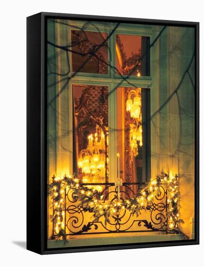 Wrought Iron Railing with Christmas Decorations, Baccarat Museum Shop and Restaurant-Per Karlsson-Framed Stretched Canvas